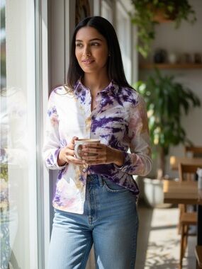 Alex Mill White Button-Down Shirt with Purple, Pink & Gold Tie-Dye